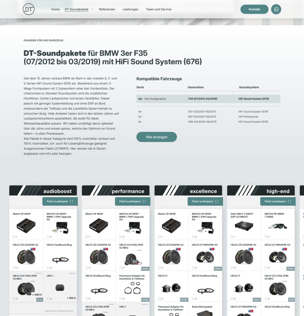 Soundpakete-Seite von dt-wesel.de: Konfiguration für einen BMW 3er mit Tabelle kompatibler Fahrzeuge und vier Paketstufen von audioboost bis high-end.