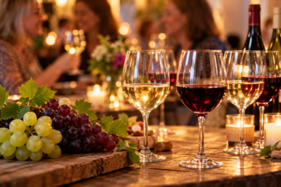 Weingläser mit Rot- und Weißwein stehen auf einem Tisch, umgeben von Trauben und Kerzenlicht, während Menschen im Hintergrund anstoßen.