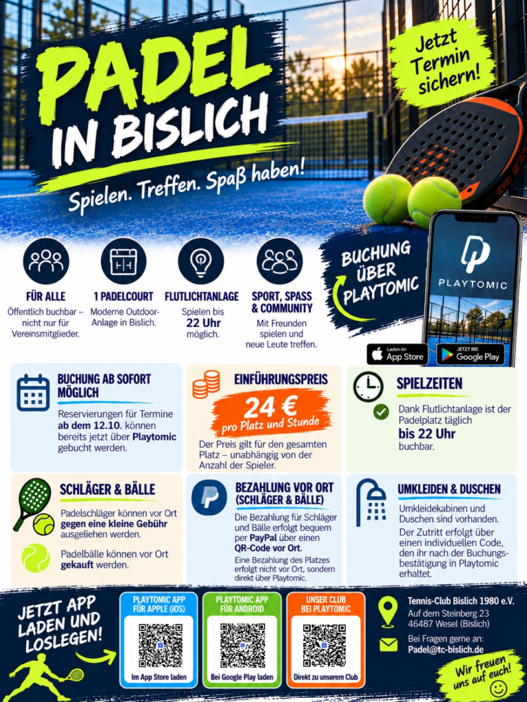 Werbung für Padel-Tennis in Bislich mit Infos zu Buchung, Preisen und Öffnungszeiten.