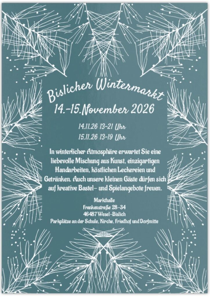 Ein Einladungsposter für den Bislicher Wintermarkt am 14.-15. November 2026 mit Handarbeitsständen und kreativen Angeboten.