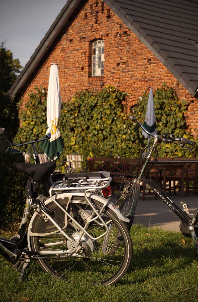 Zwei Fahrräder stehen vor einem mit Efeu bewachsenen, roten Backsteinhaus und einem Garten mit Tisch und Stühlen.