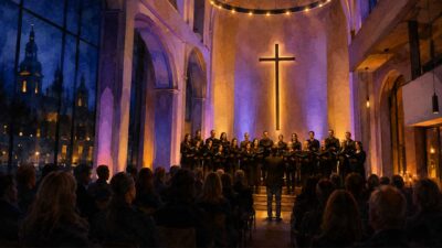 Ein Chor tritt in einer stilvoll beleuchteten Kirche auf, während das Publikum aufmerksam zuhört.