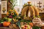 Ein bunt dekorierter Erntealtar mit Obst, Gemüse, Brot und Sonnenblumen sowie einem Dankeskranz aus Korn.