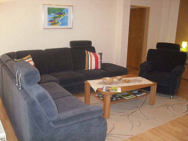 Gemütlicher Wohnbereich mit einer blauen Couchgarnitur, einem Holztisch und einer farbigen Wanddekoration.