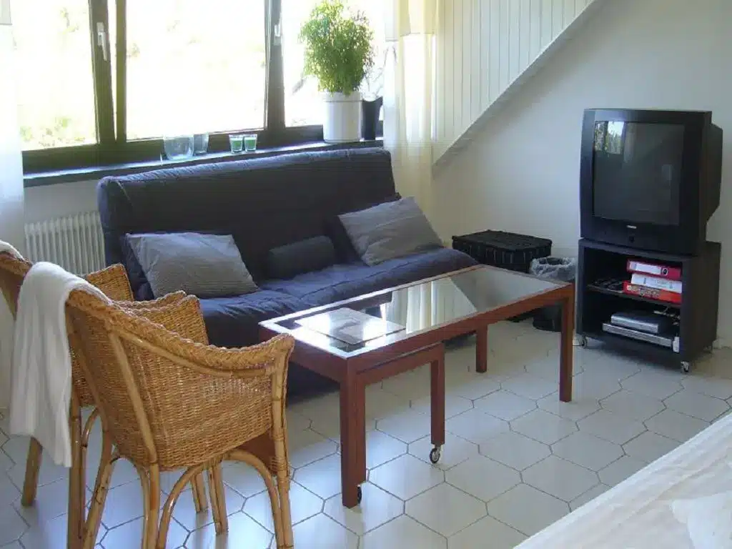 Ein gemütlicher Wohnraum mit einem schwarzen Sofa, einem Glastisch, zwei Rattanstühlen und einem Fernseher.