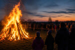 Eine Gruppe von Menschen beobachtet ein großes Feuer gegen den Abendhimmel.